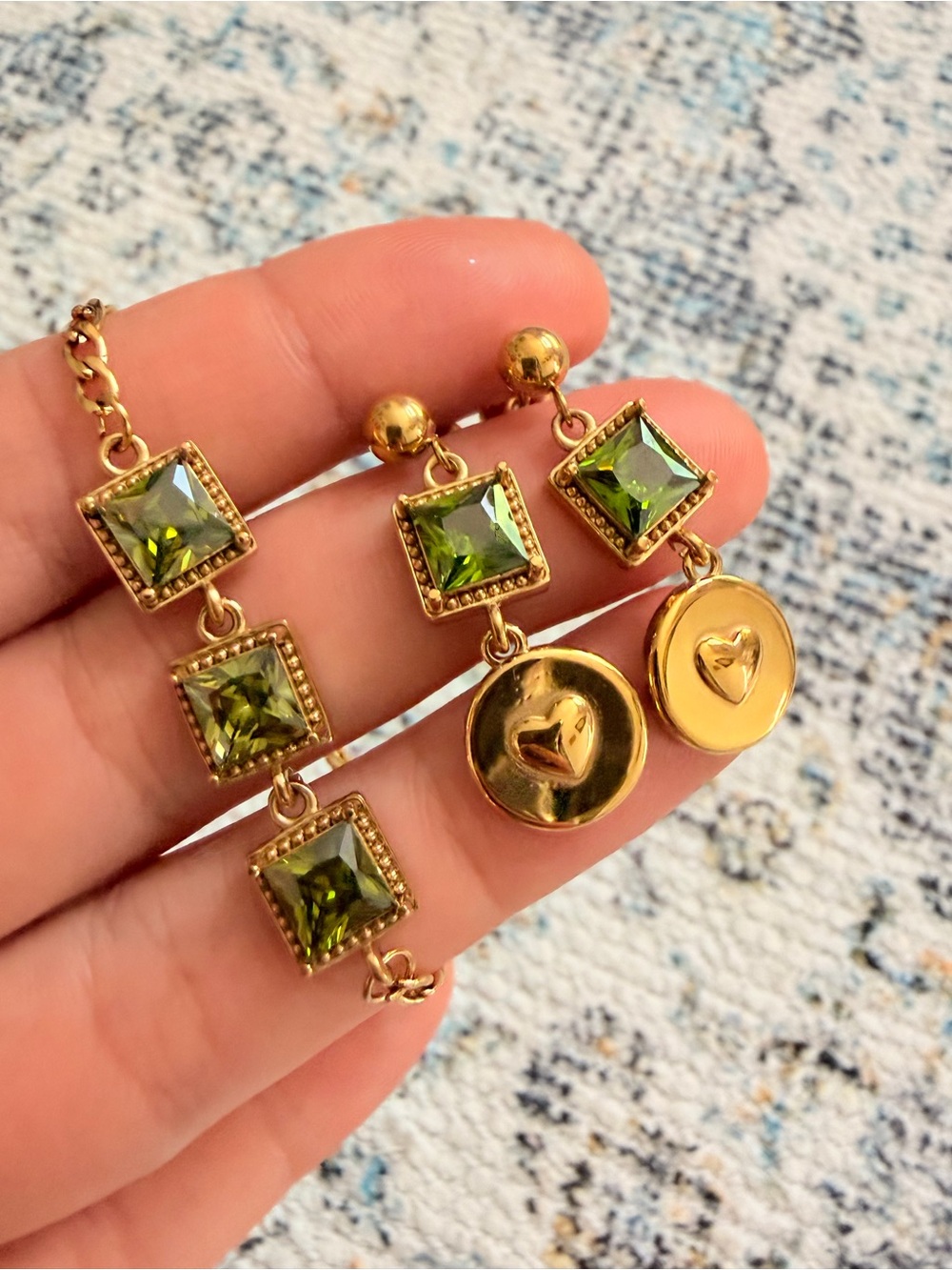 Gold-Tone Green Crystal Drop Heart Earrings and Bracelet SET - Picture 7 of 8